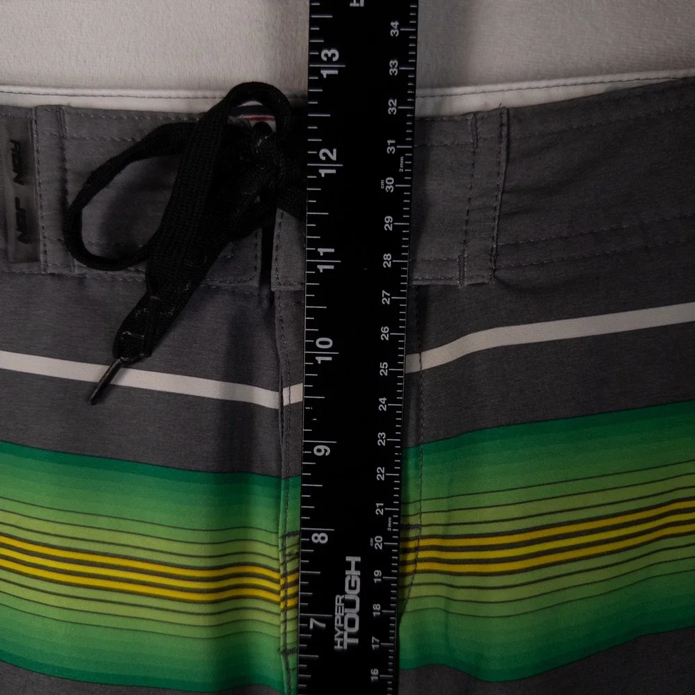 Ron Jon Mens Board Shorts Size 34 Gray Green Striped Surf Swim Trunks Beach *